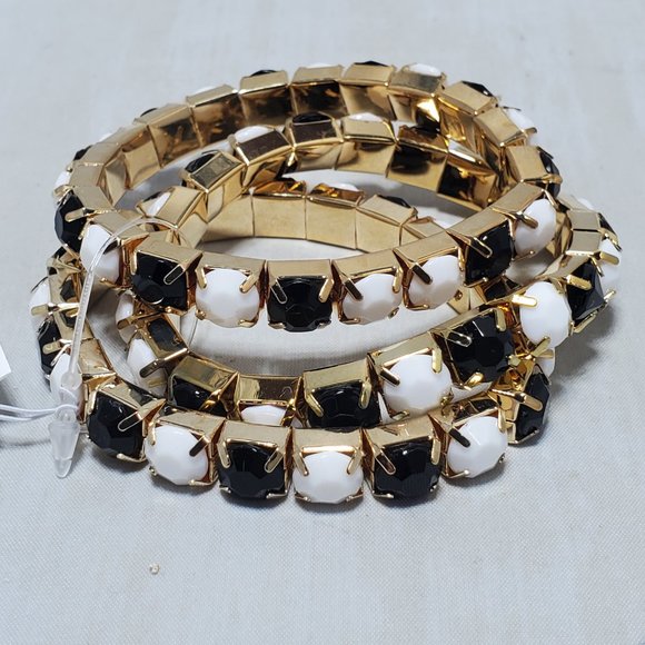 Macy’s 3-Piece Gold-Tone Stretch Bracelet Set with black/white faceted stones - Picture 2 of 5
